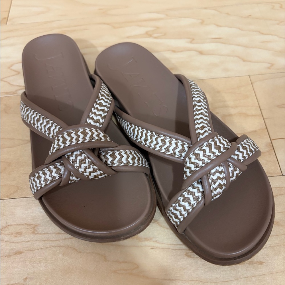 Eric Javits Brown and White Braided Slide Sandals
